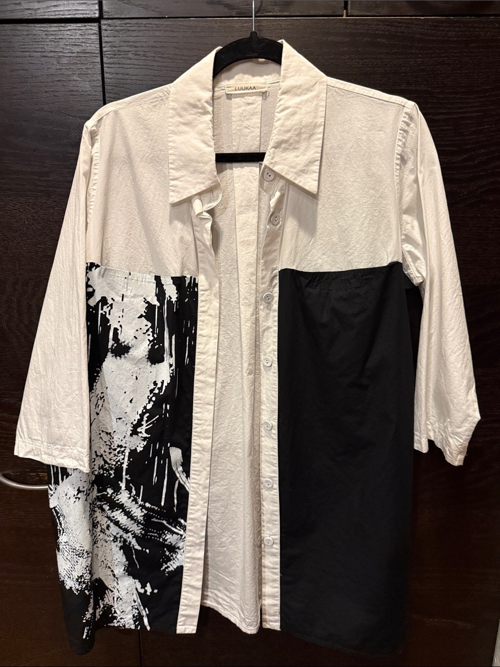 Luukaa White and Black Colorblock Tunic Shirt with Graphic Panel